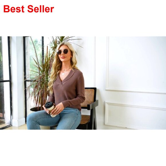 V-Neck Polo Collar Knit Sweater Tunic, Business Casual Pullover, Long Sleeve - Picture 6 of 7